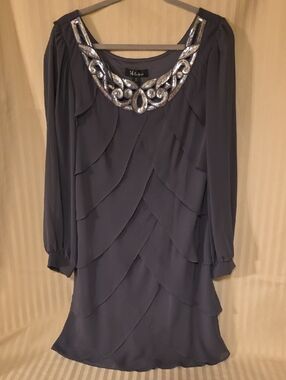 S.L. Fashions Gray Long-Sleeve Layered Dress with Silver Embellished Neckline